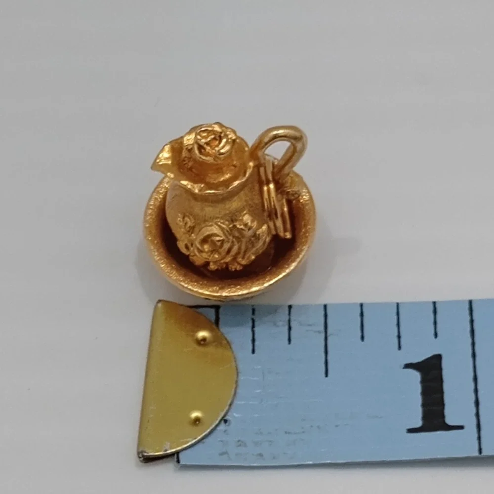 Vintage Avon Gold Tone Rose Pitcher in Basin Charm Miniature Jug Pendant Signed